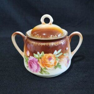 Vintage Porcelain Three Crown Sugar Bowl w Lid Painted Pink Orange Rose Design